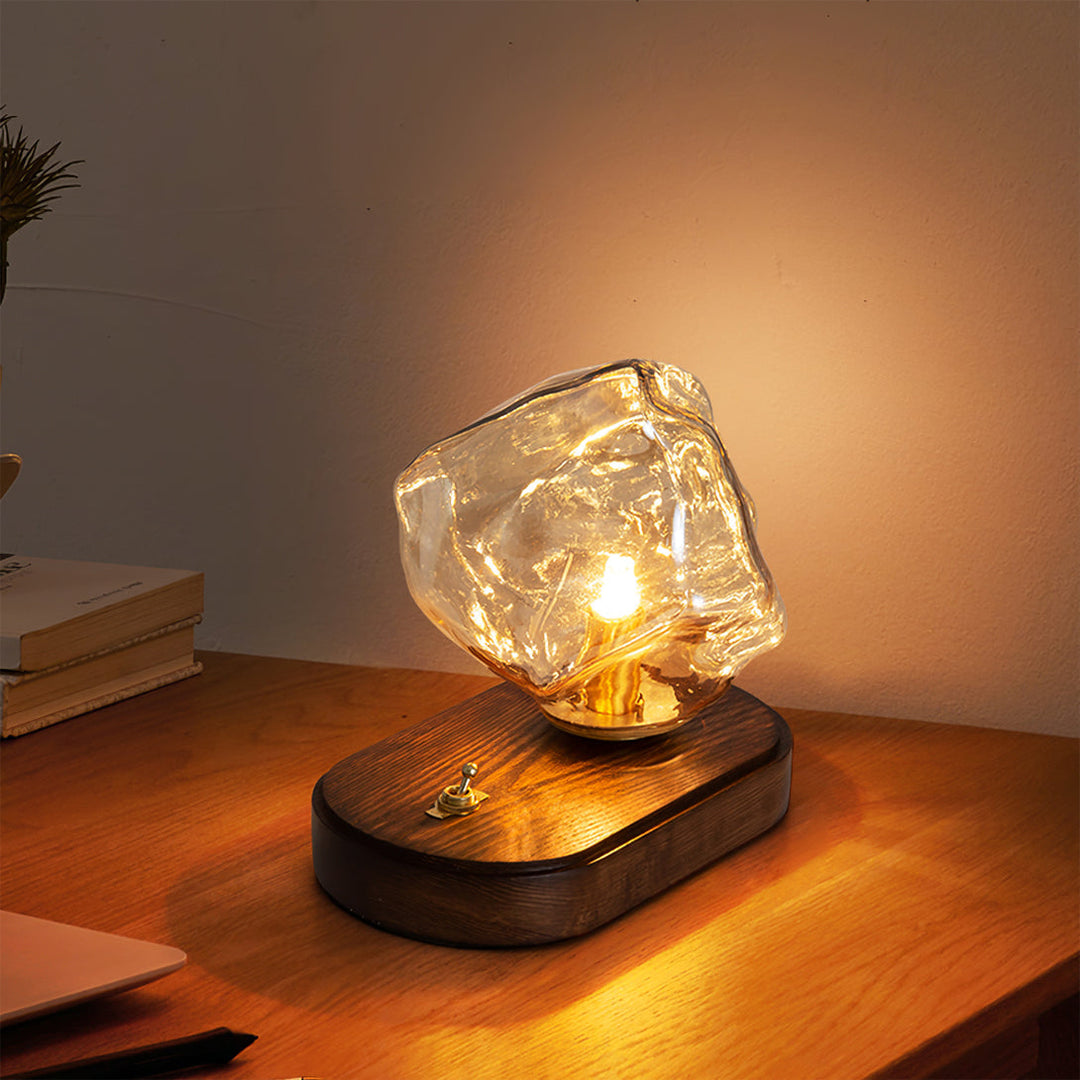 Vintage Amber Glas Bordlampe med Træbase