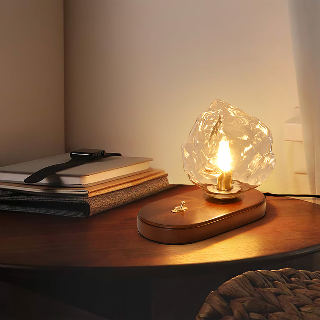 Vintage Amber Glas Bordlampe med Træbase