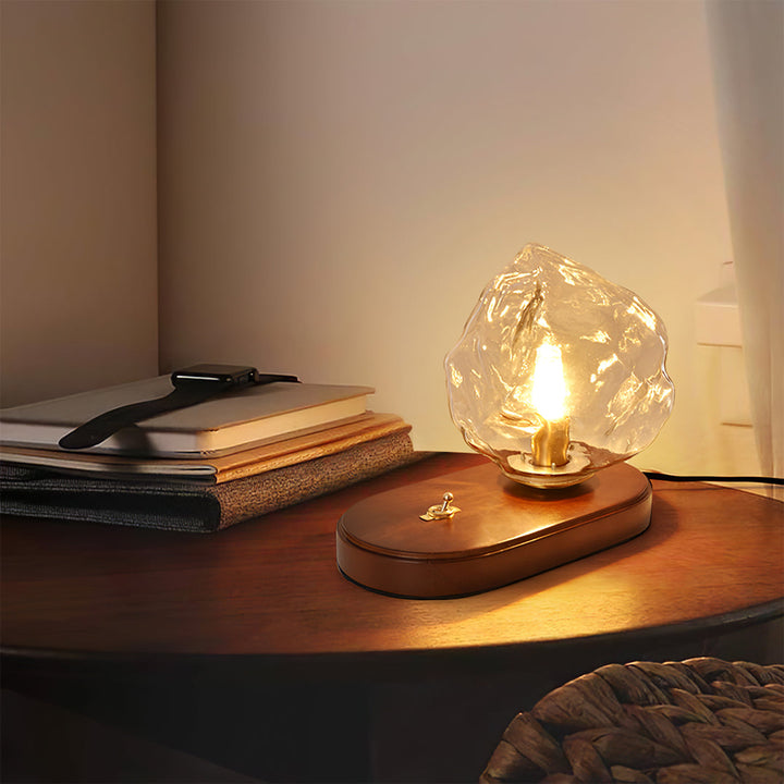 Vintage Amber Glas Bordlampe med Træbase