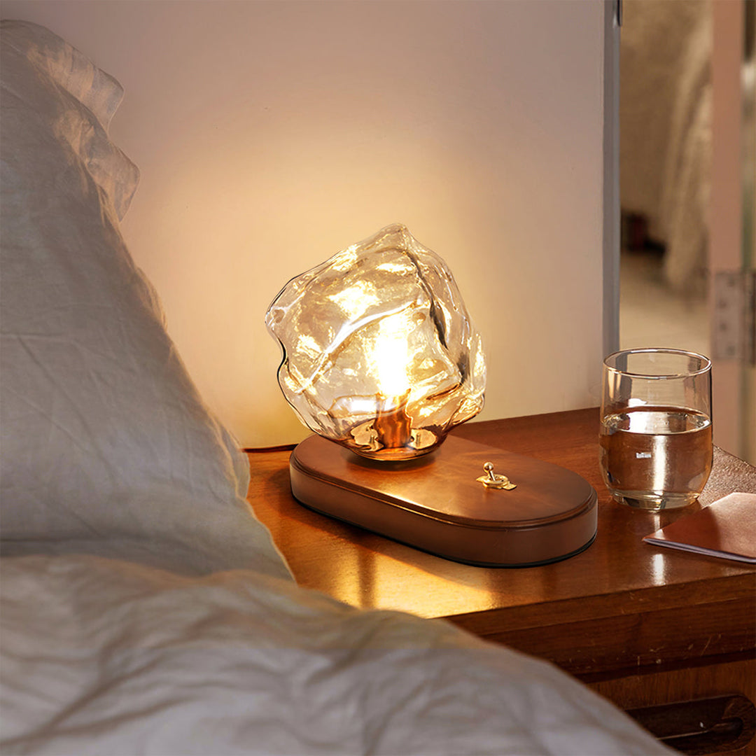 Vintage Amber Glas Bordlampe med Træbase