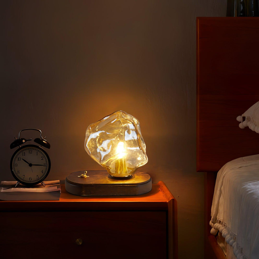 Moderne Håndblæst Glasblok Bordlampe med Træbase