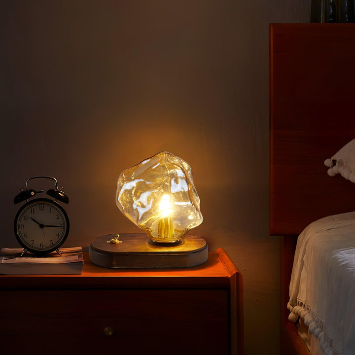 Moderne Håndblæst Glasblok Bordlampe med Træbase