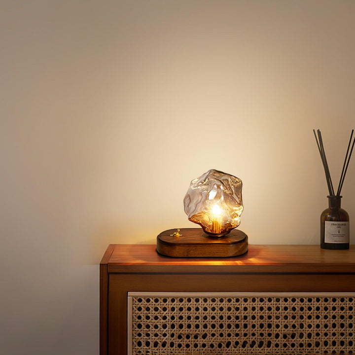 Moderne Håndblæst Glasblok Bordlampe med Træbase