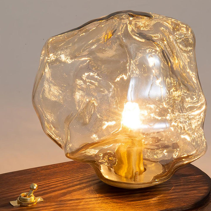 Moderne Håndblæst Glasblok Bordlampe med Træbase