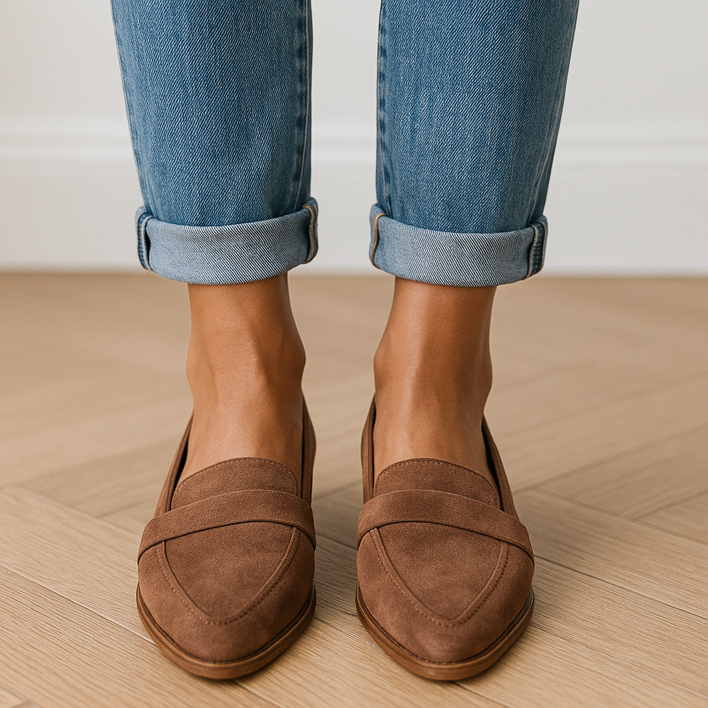 Grå ruskindslook loafers til kvinder med lav hæl