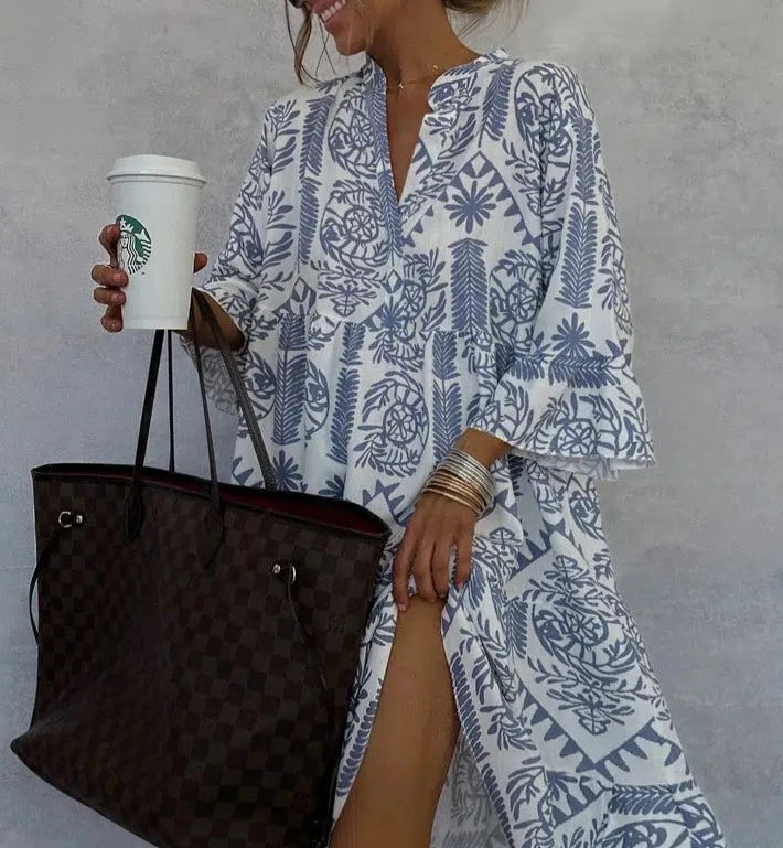 Celeste | Kvinders Boho Print V-Hals 3/4 Ærme Swing Kjole