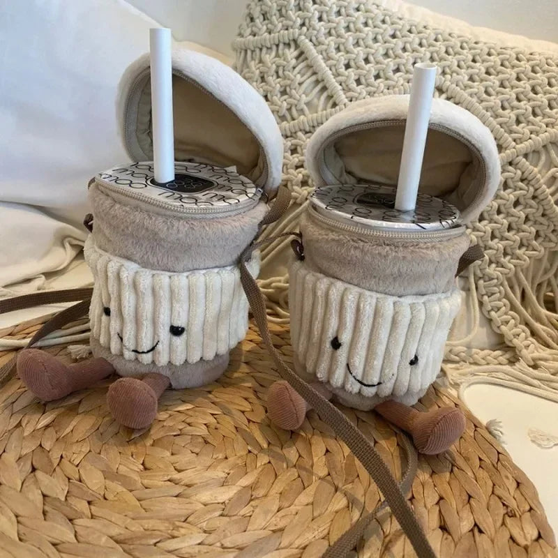 Plush Kaffe Kop Holder Taske med 3D Smilende Ansigt