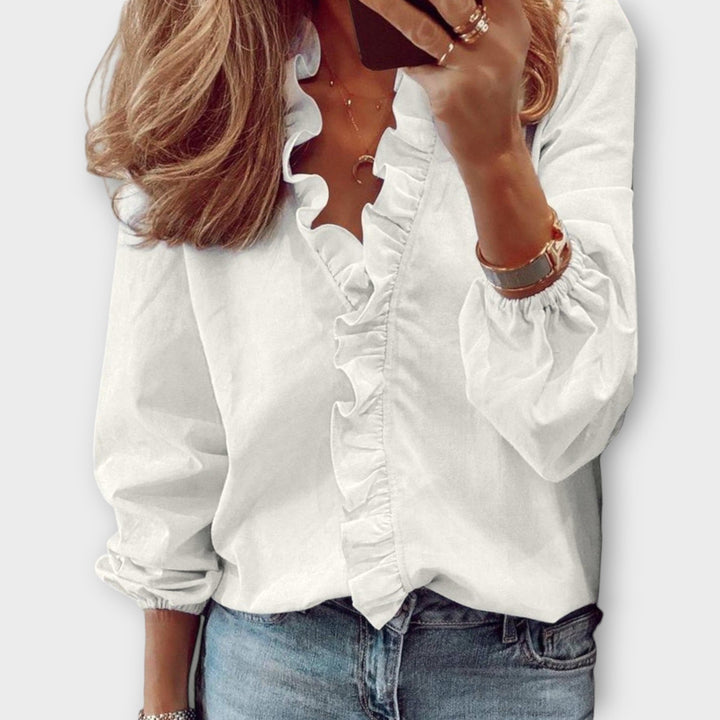 Celeste | Kvinders Ruffle Front V-Hals Langærmet Bluse