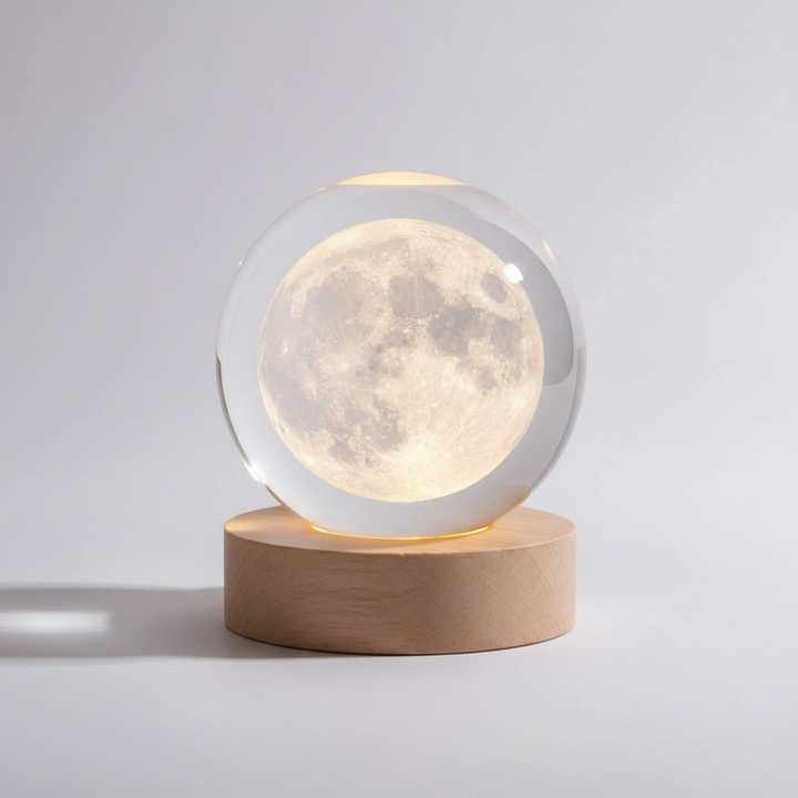 3D Planet Lampe i Træ med Varm LED Lys
