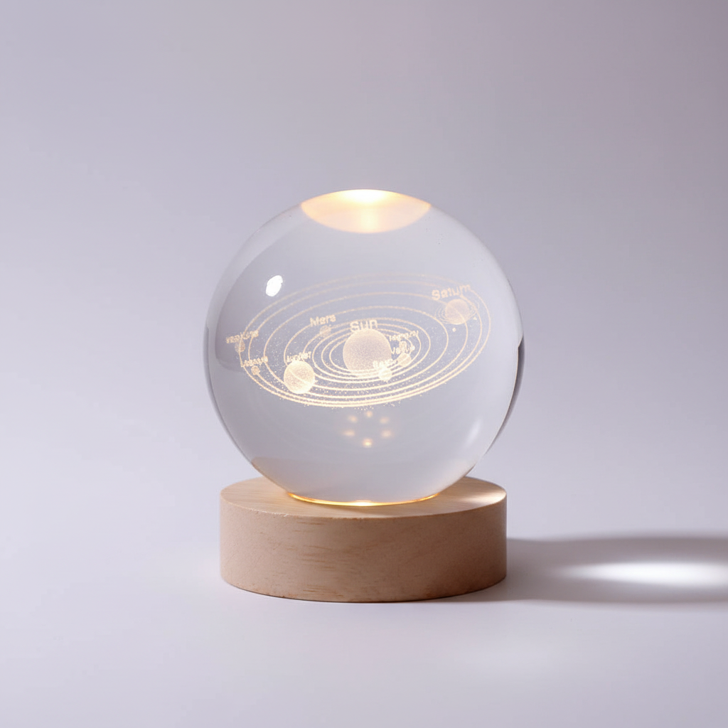 3D Planet Lampe i Træ med Varm LED Lys