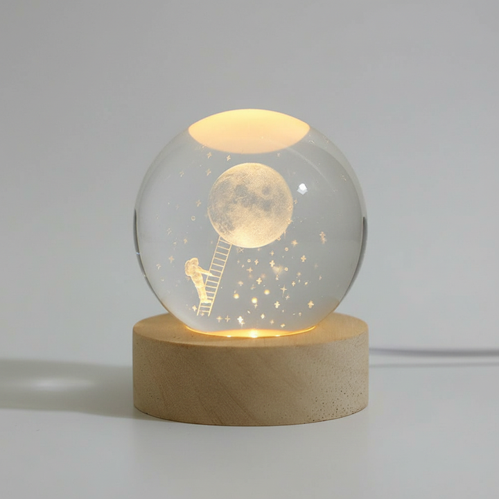 3D Planet Lampe i Træ med Varm LED Lys