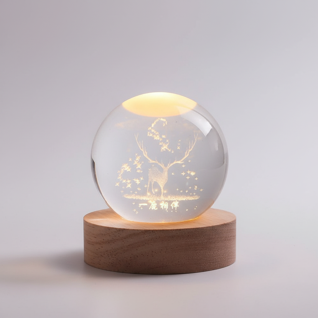 3D Planet Lampe i Træ med Varm LED Lys