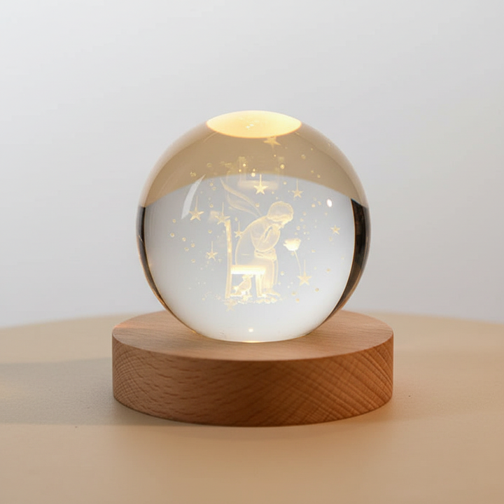 3D Planet Lampe i Træ med Varm LED Lys
