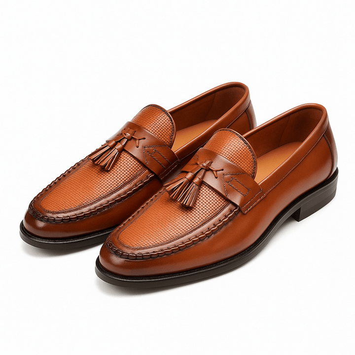 Tassel-loafer i læder med flettemønster