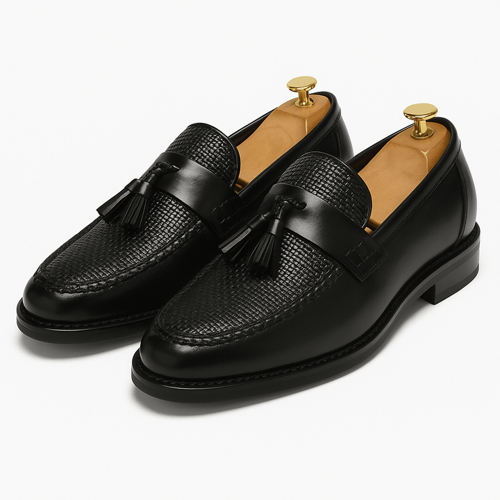 Tassel-loafer i læder med flettemønster