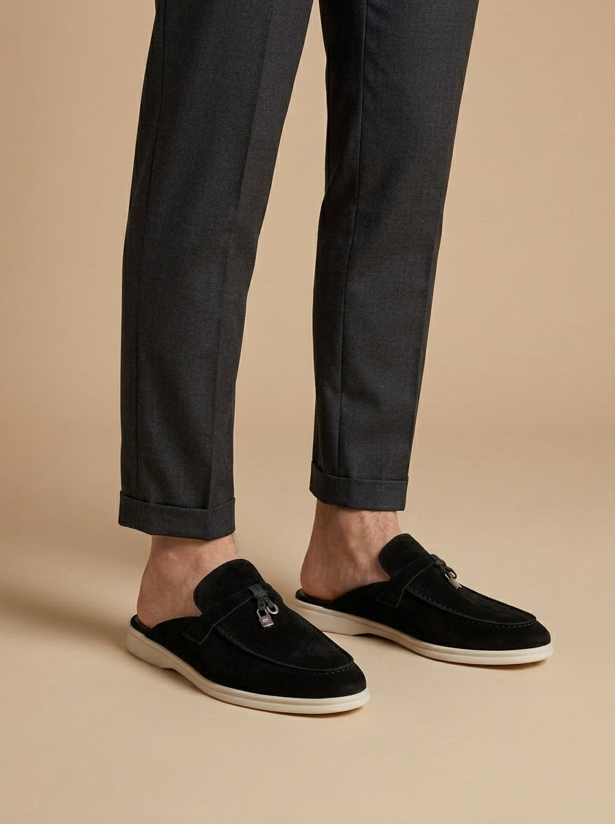 Loafer i ruskindslignende materiale med åben hæl