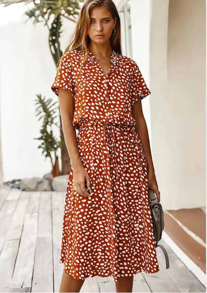 Sienna | Kvinders Prikket Print Knap-Ned Midi Kjole