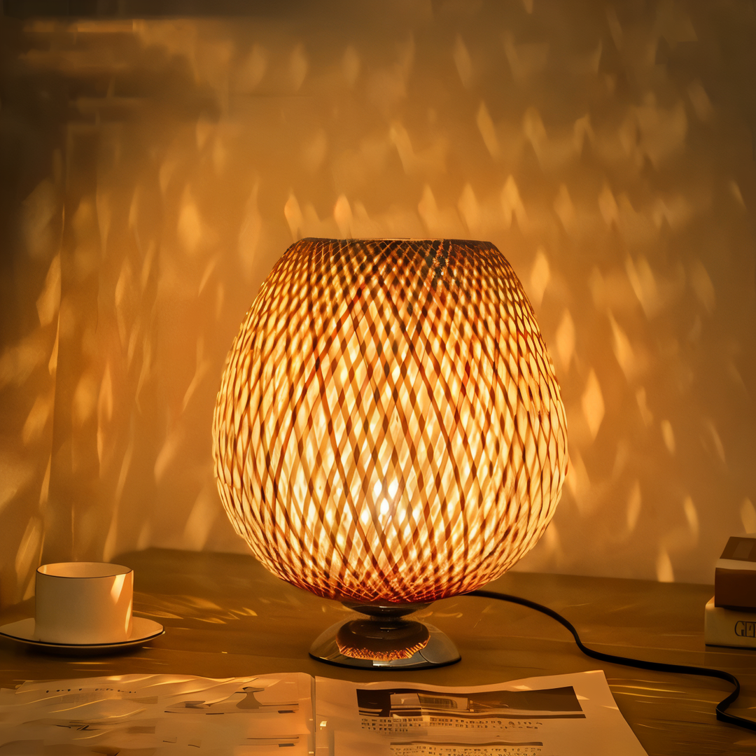 Vintage Bamboo Bordlampe med Rattan Skærm