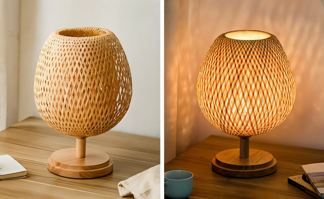 Vintage Bamboo Bordlampe med Rattan Skærm
