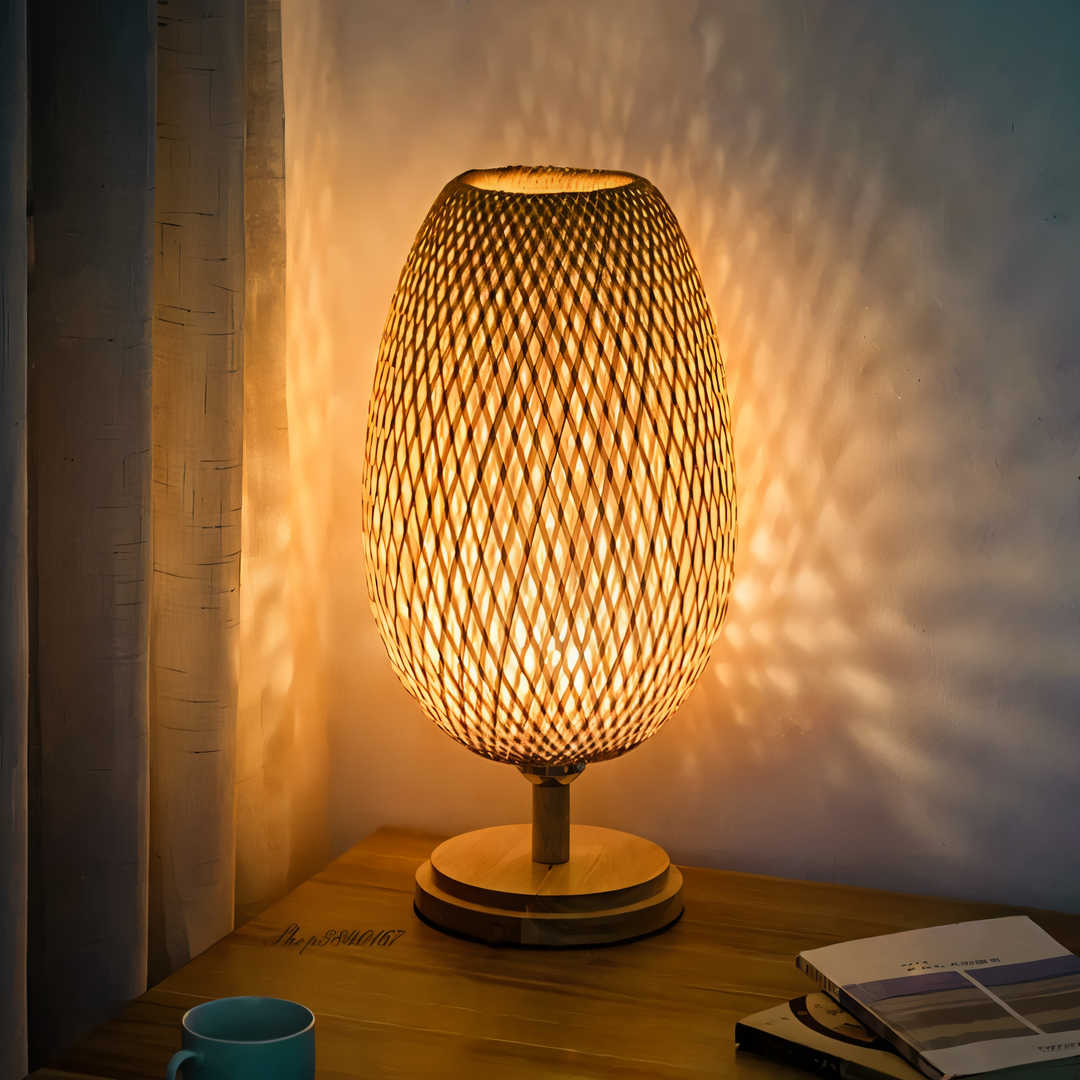 Vintage Bamboo Bordlampe med Rattan Skærm