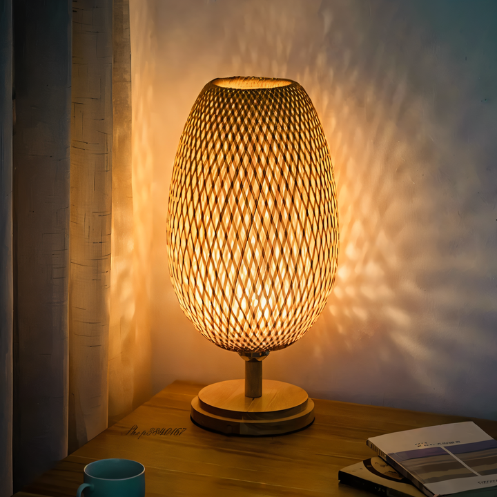 Vintage Bamboo Bordlampe med Rattan Skærm
