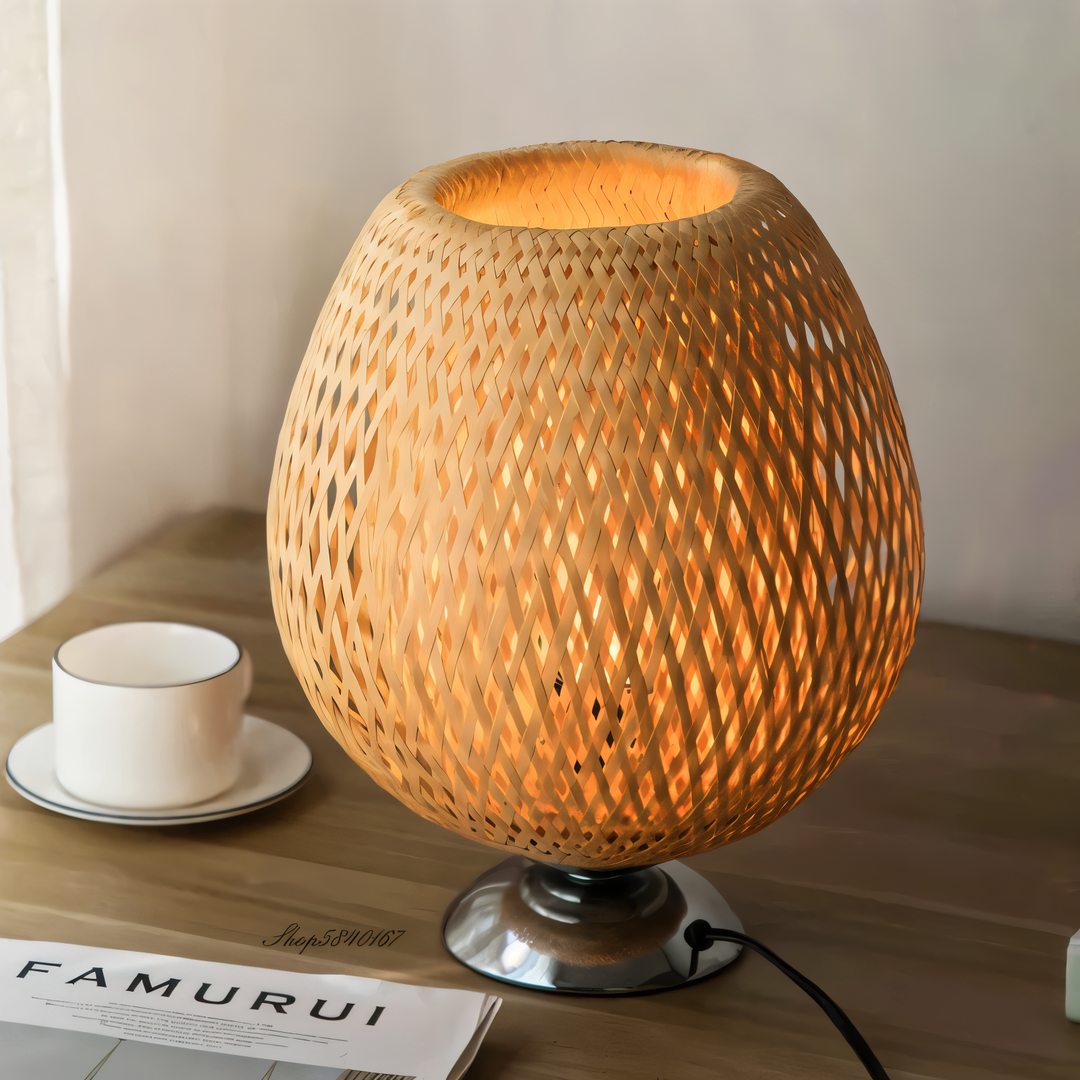 Vintage Bamboo Bordlampe med Rattan Skærm