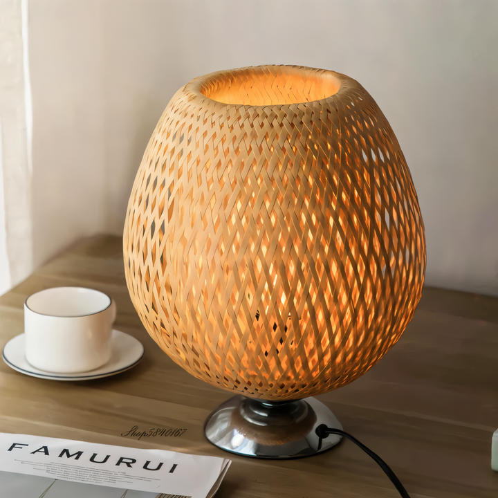 Vintage Bamboo Bordlampe med Rattan Skærm