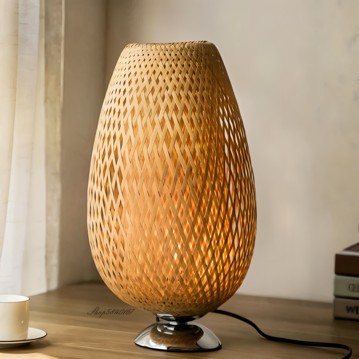 Vintage Bamboo Bordlampe med Rattan Skærm