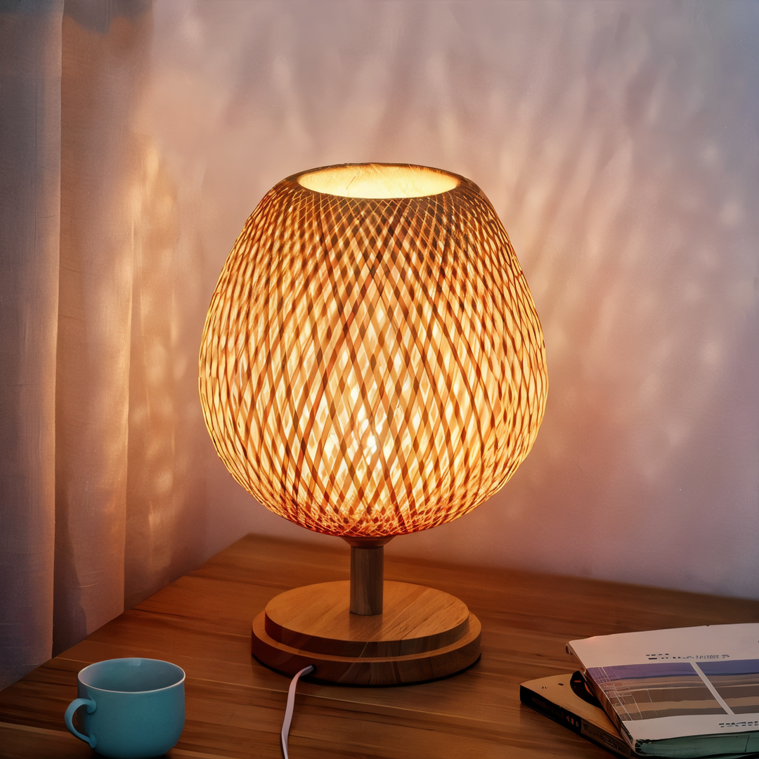 Vintage Bamboo Bordlampe med Rattan Skærm