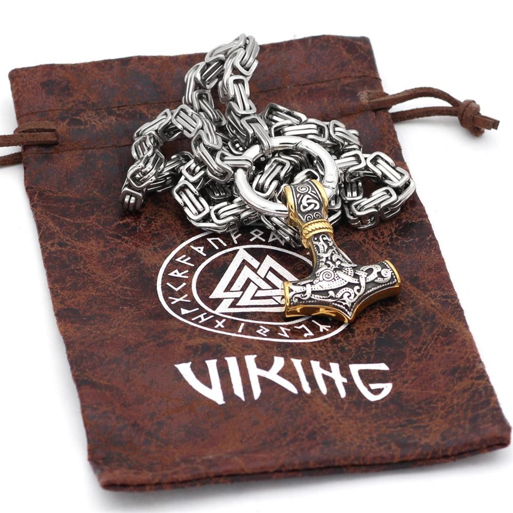 Rustfrit Stål Dobbelt Ulvehoved og Mjolnir Halskæde/Armbånd 60-90 cm
