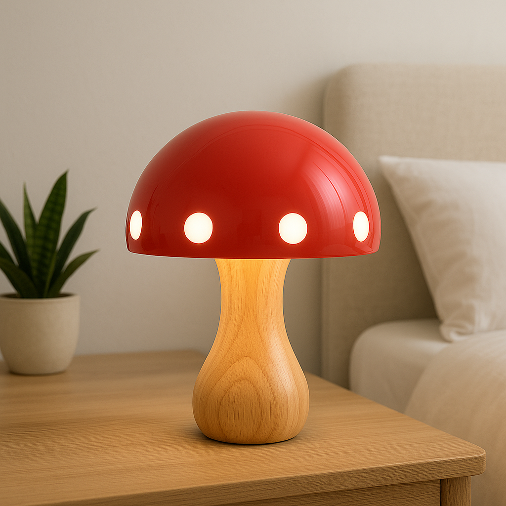 Moderne LED Svampe Bordlampe i Træ og Harpiks, 30 cm