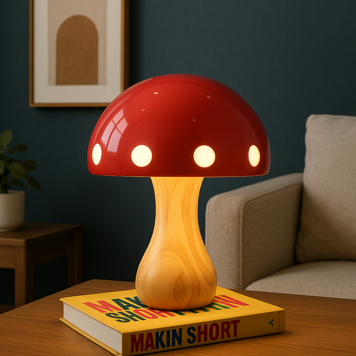 Moderne LED Svampe Bordlampe i Træ og Harpiks, 30 cm