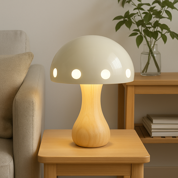 Moderne LED Svampe Bordlampe i Træ og Harpiks, 30 cm