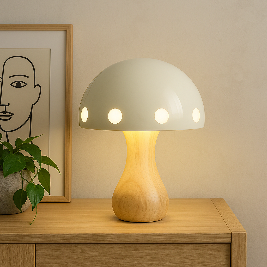 Moderne LED Svampe Bordlampe i Træ og Harpiks, 30 cm