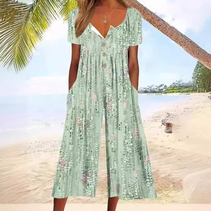 Lagoon | Kvinders Bladprint V-Hals Kortærmet Bred Ben Jumpsuit