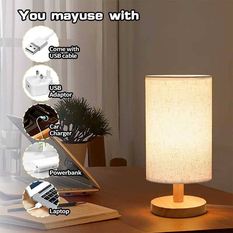 USB Bordlampe i Solid Træ med Stofskærm og LED Lyskilde