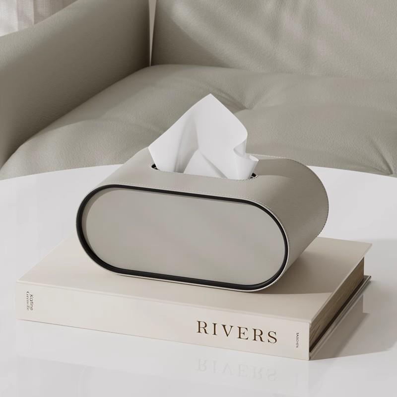 Elegant Oval Læder Tissue Box med Kontrasterende Kanter