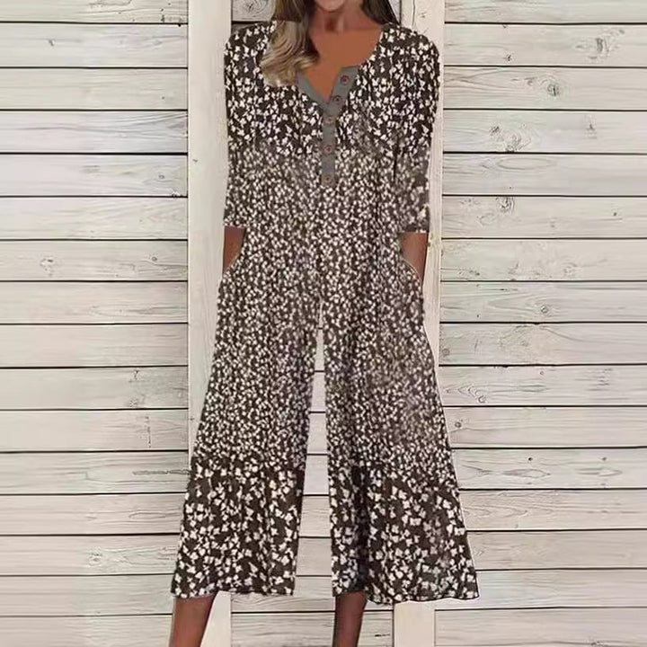 Lagoon | Kvinders Bladprint V-Hals Kortærmet Bred Ben Jumpsuit
