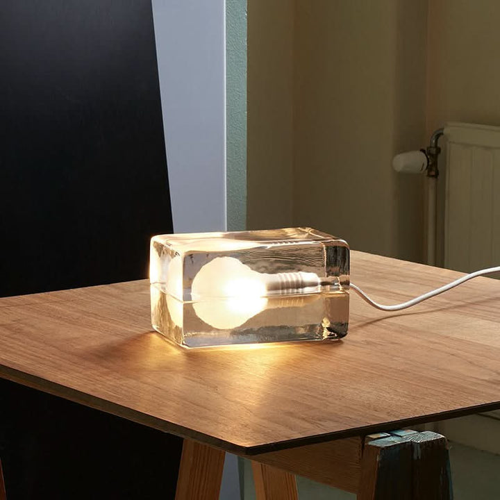 Glasblok Bordlampe med Sandblæst G9 Pære