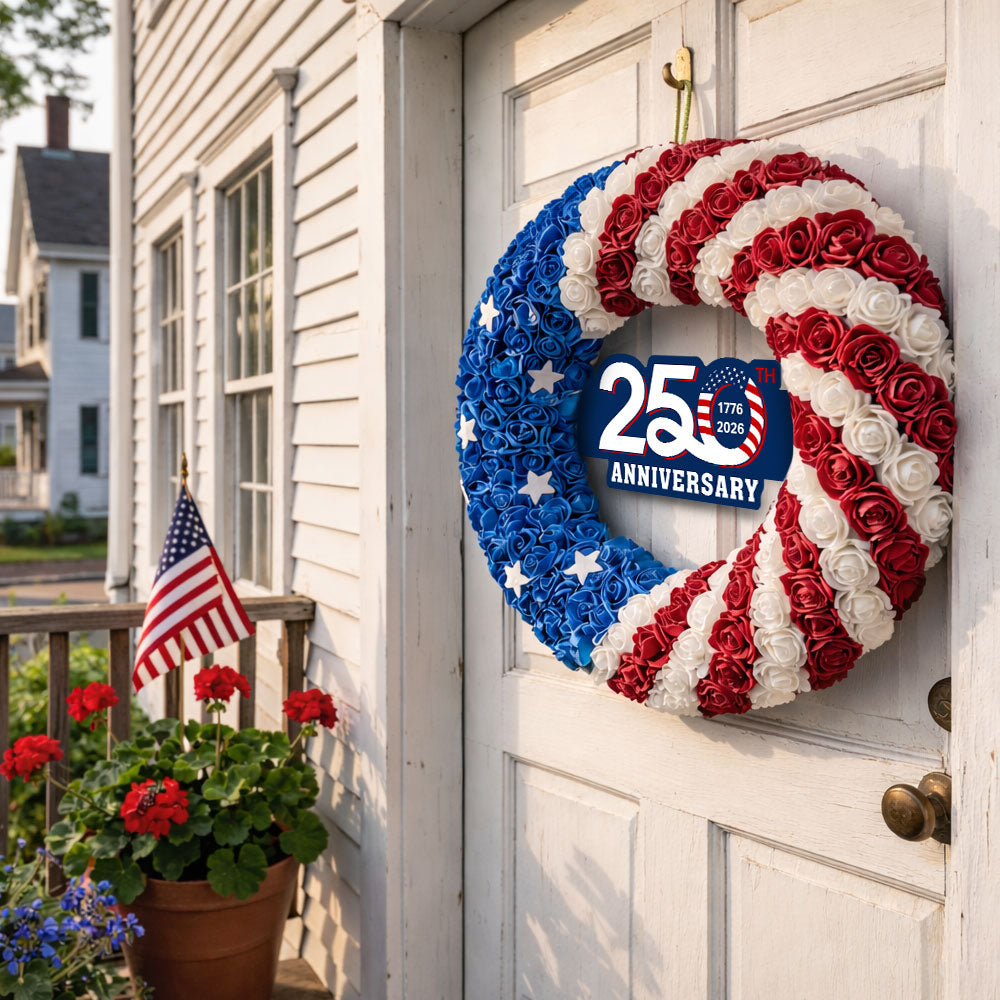 Håndlavet Amerikansk Flag Krans med Roser og Stjerner