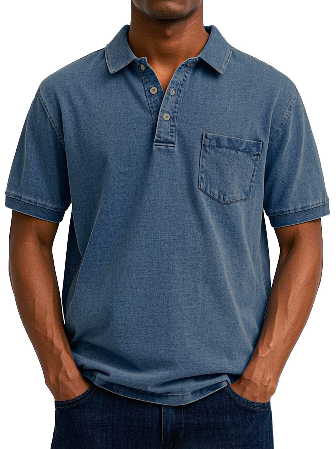 Vintage denim-look herrepolo med brystlomme