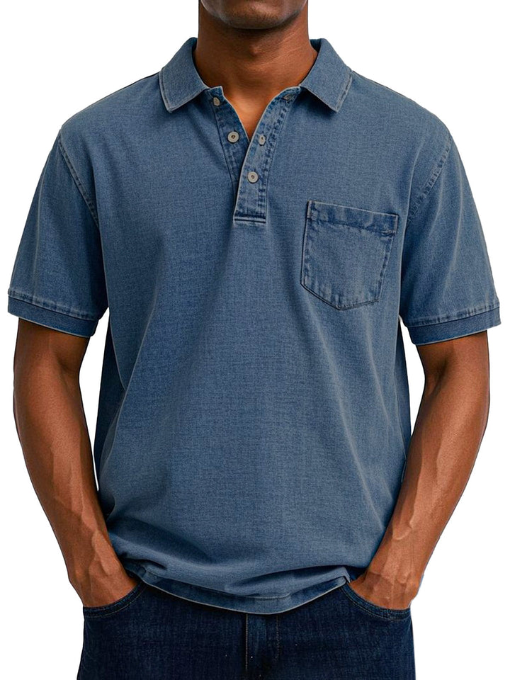 Vintage denim-look herrepolo med brystlomme