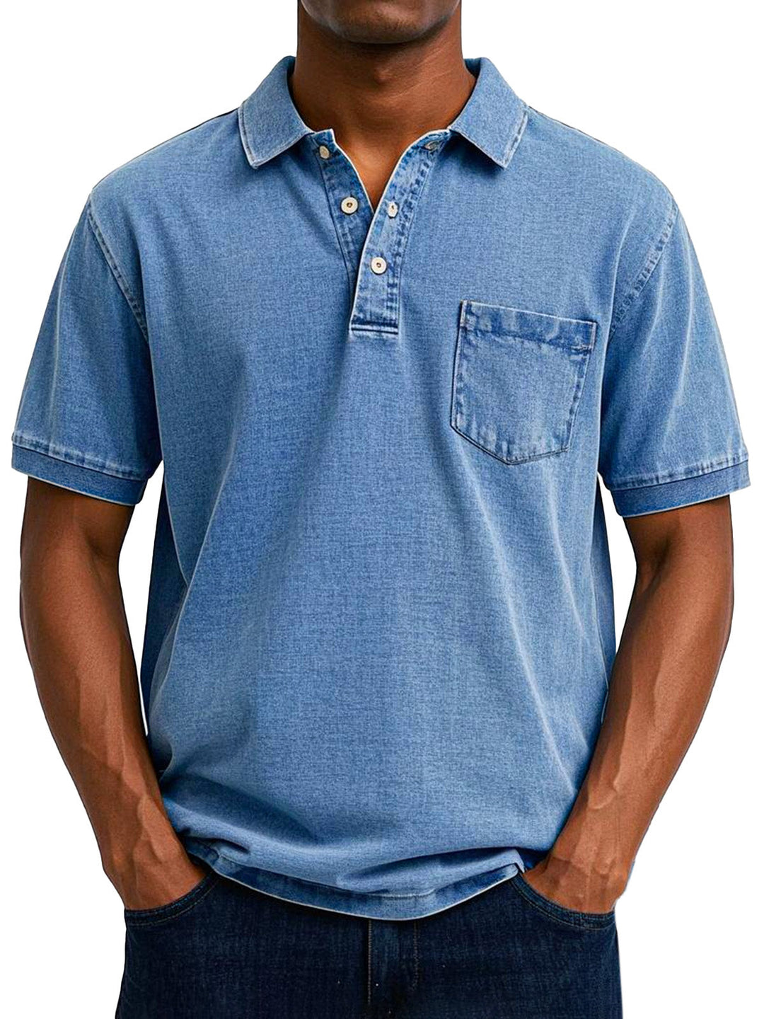 Vintage denim-look herrepolo med brystlomme