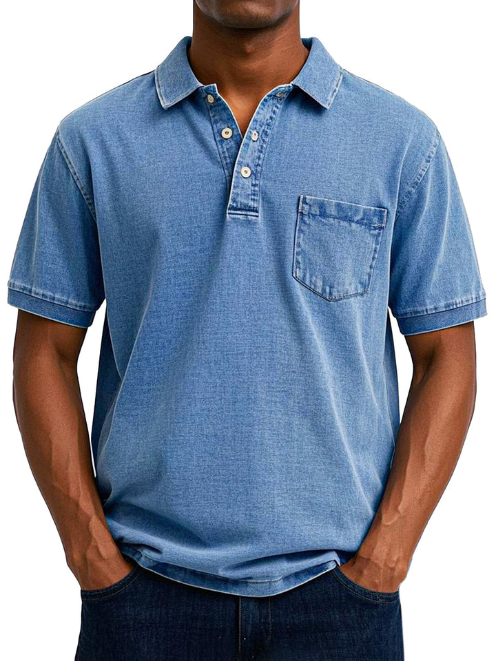 Vintage denim-look herrepolo med brystlomme