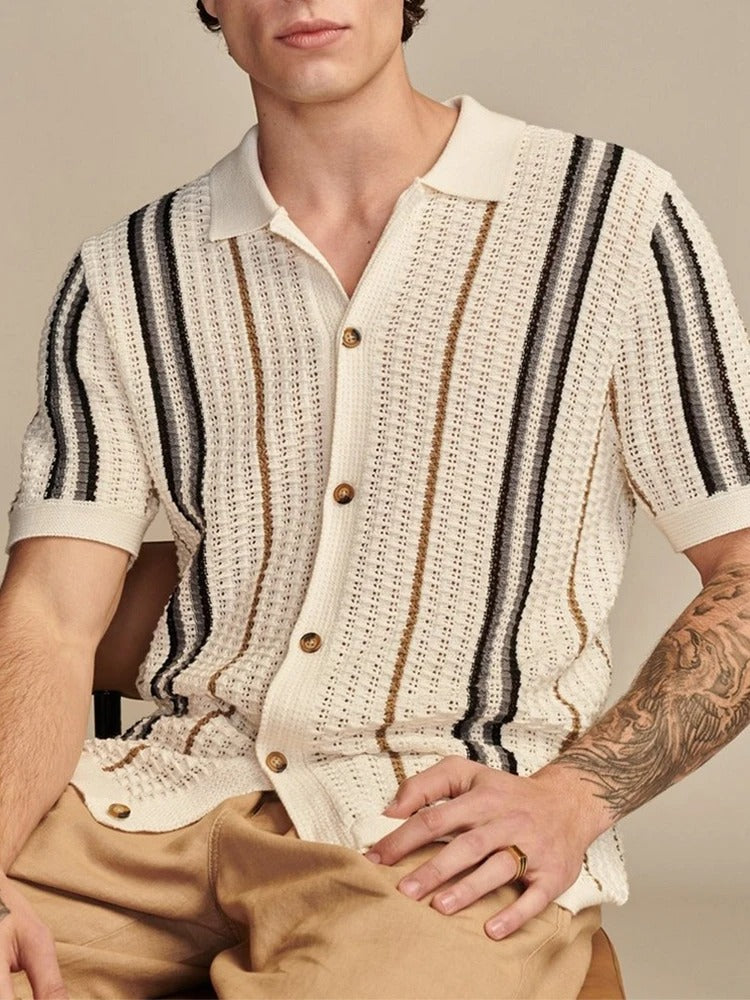 Strikket poloshirt med kontraststriber