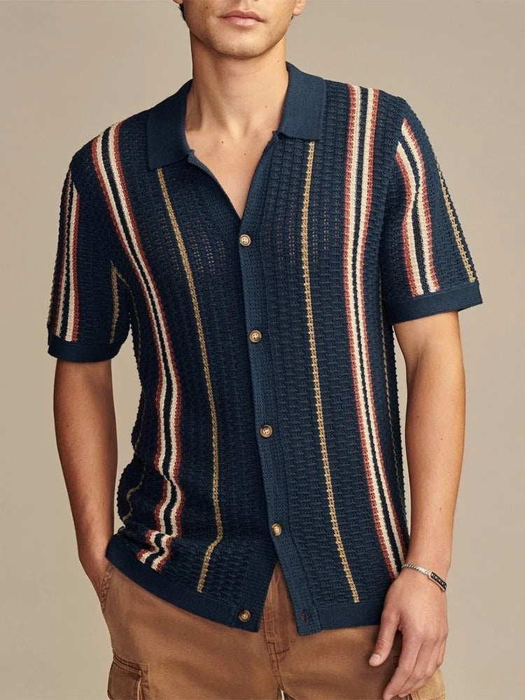 Strikket poloshirt med kontraststriber