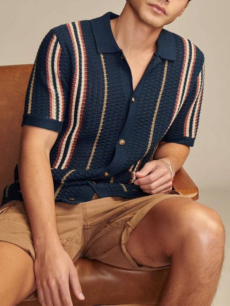 Strikket poloshirt med kontraststriber