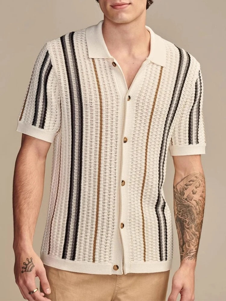 Strikket poloshirt med kontraststriber