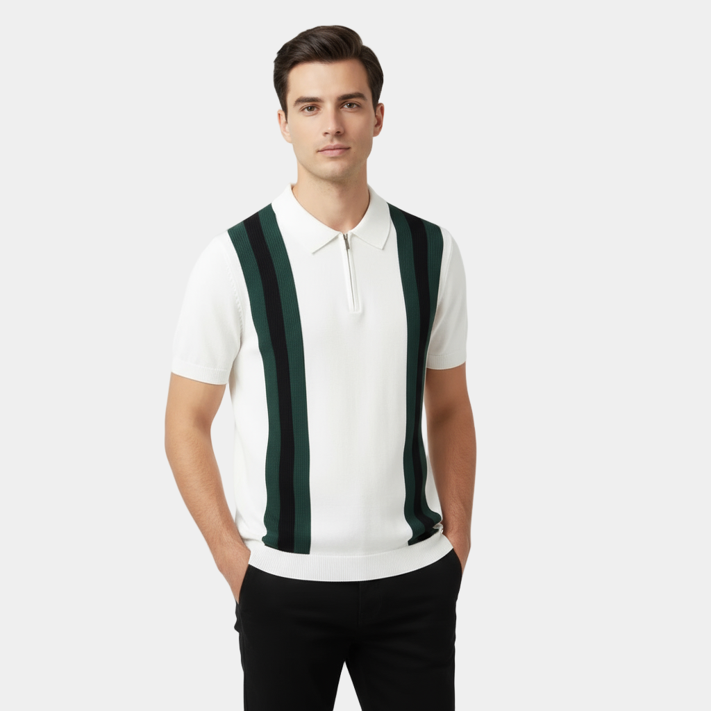 Retro strikket poloshirt med kontraststriber og lynlås