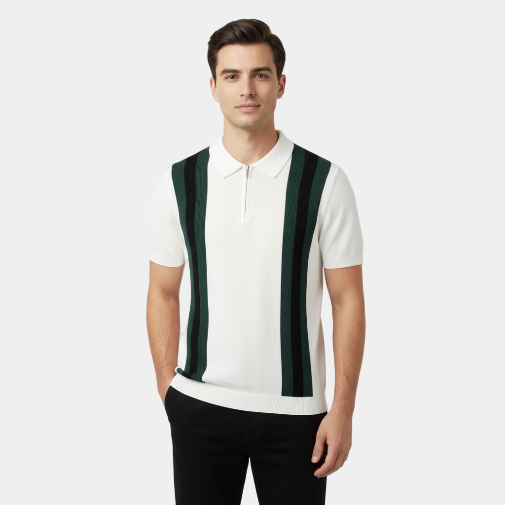 Retro strikket poloshirt med kontraststriber og lynlås